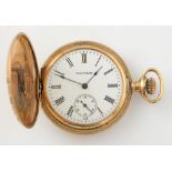 Waltham full hunter pocket watch, white round dial with Roman numerals and sub dial, mechanical