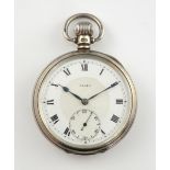 Rolex pocket watch, white round dial with Roman numerals and sub dial, blue steel hands, 15 Jewels