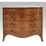 George III serpentine mahogany chest of four long graduated drawers on splayed bracket base, the top