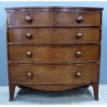 19th Century mahogany bow fronted chest of two short over three long drawers, 106 x 106 cm .