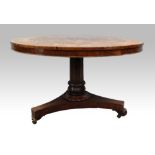 19th century rosewood marquerty inlaid breakfast table on column support to triangular base with