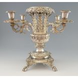 Old Sheffield Plate four-light candelabra centrepiece, on square paw-footed base, inscribed with