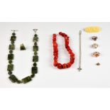 Collection of jewellery, including a necklace of irregular form dyed red coral beads, measuring