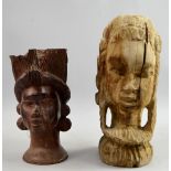 Dark wooden bust of a woman with ruff crown, 23 cm high, together with a similar bust in lighter