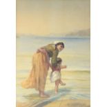 Frank William Warwick Topham (British, 1838-1924) mother and child paddling in a lake signed