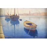 Harbour scene with moored boats, indistinctly signed Horen, oil on canvas laid on board, 23cm x