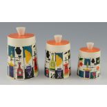 Set of three Mid Century Heal-a -craft, Goebel kitchen jars with bold design of kitchen equipment