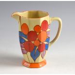 Clarice Cliff Fantasque jug,abstract leaf and berry design, marks for Clarice Cliff and Newport