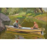 E. N. Levin, figures fishing from a boat on a river, oil on board, named verso, 22cm x 32.5cm,.