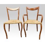 Four mid century bentwood chairs, two with arms, beech with rush seats .