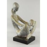 AMENDED DESCRIPTION - Modern resin sculpture of a mother and child, on wooden base, 46 cm high