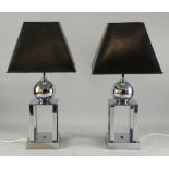 Pair of contemporary chrome lamp bases with spheres on square column supports and square base with