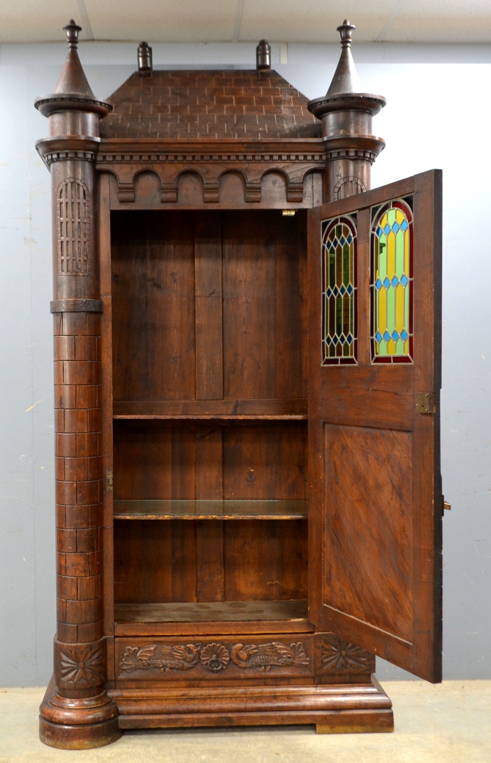 German oak single door cabinet with pitched top and turrets, arched windows with stained glass, - Image 2 of 3