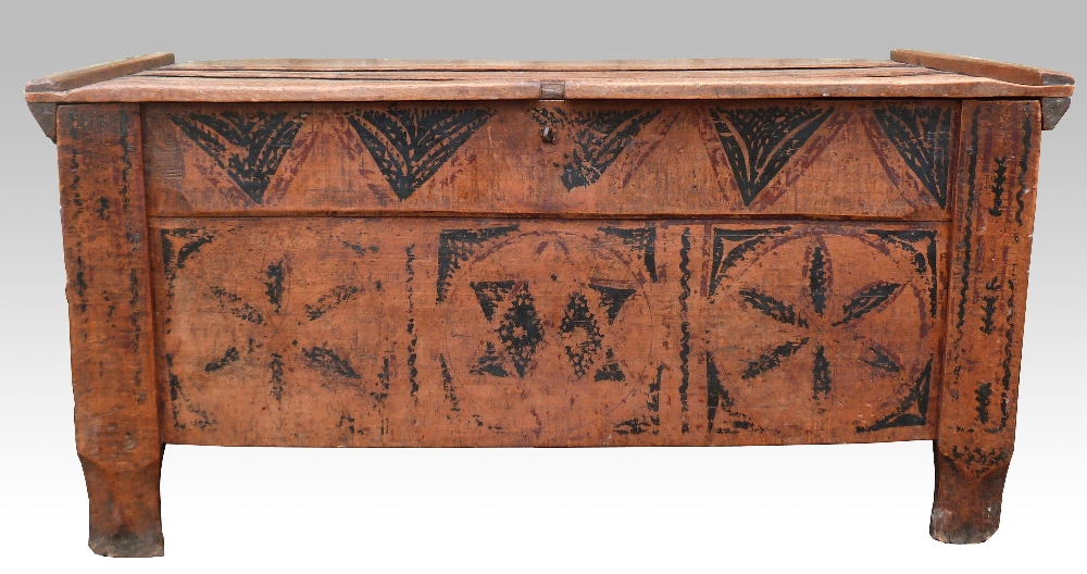 CHANGE OF ESTIMATE An oak plank top coffer with pen work star and flower decoration, 55 x 104 x 50