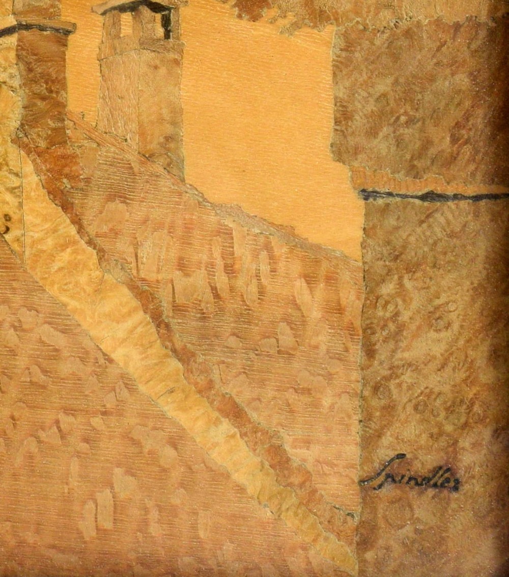 Spindler 20th C parquetry picture, the reverse with label for the Rowley gallery, signed, 48 x 38 - Image 2 of 3