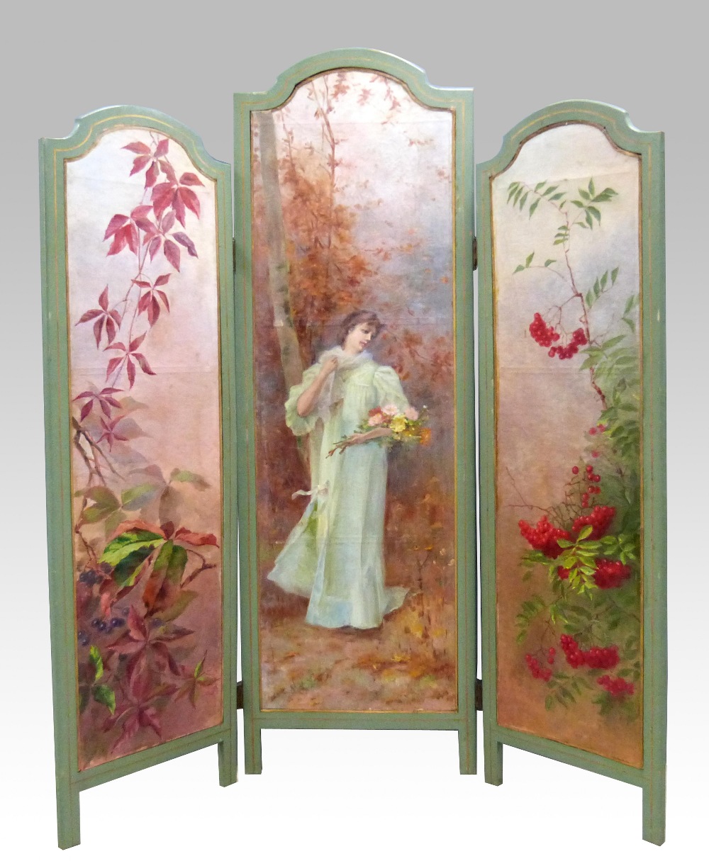 Early 20th C, three-fold screen, the centre panel painted with a lady holding bouquet of flowers 135