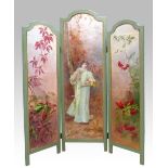 Early 20th C, three-fold screen, the centre panel painted with a lady holding bouquet of flowers 135