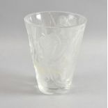 Lalique glass vase with frosted rose decoration, tapered form, etched signature on base Lalique