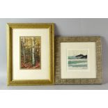 Alison Holt embroidery of Silver Birches, signed, label verso , 18 x 10 cm and a Seascape, signed,