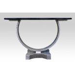 Contemporary marble topped console table, bow front on brushed steel base, 150 x 40 cm with