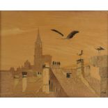 Spindler 20th C parquetry picture, the reverse with label for the Rowley gallery, signed, 48 x 38