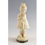 Art Deco carved alabaster figure of a young girl holding an umbrella, on an octagonal grey marble