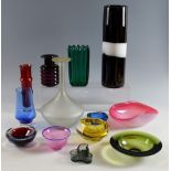 A collection of thirteen mid 20th C coloured glass vases and bowls, including a small Alvar Aalto