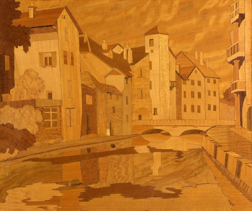 Parquetry continental scene of town houses along a river and a bridge, 43 x 50 cm .