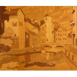 Parquetry continental scene of town houses along a river and a bridge, 43 x 50 cm .