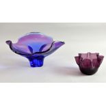 Italian art glass dish in blue and purple, 35cm diameter, and a purple glass handkerchief bowl