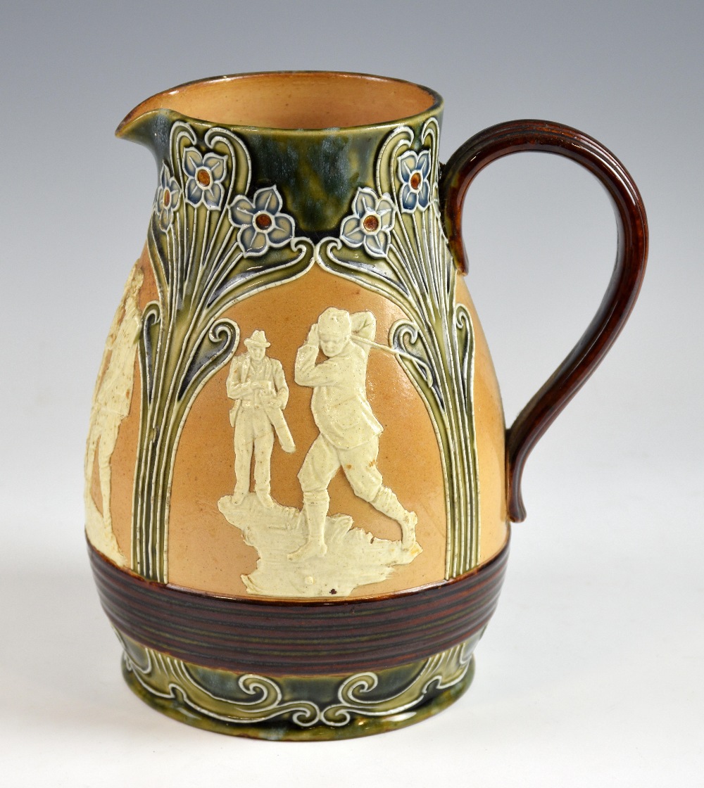 A Royal Doulton glazed stonewear jug, with three panels depicting golfers, bordered by stylised - Image 2 of 4