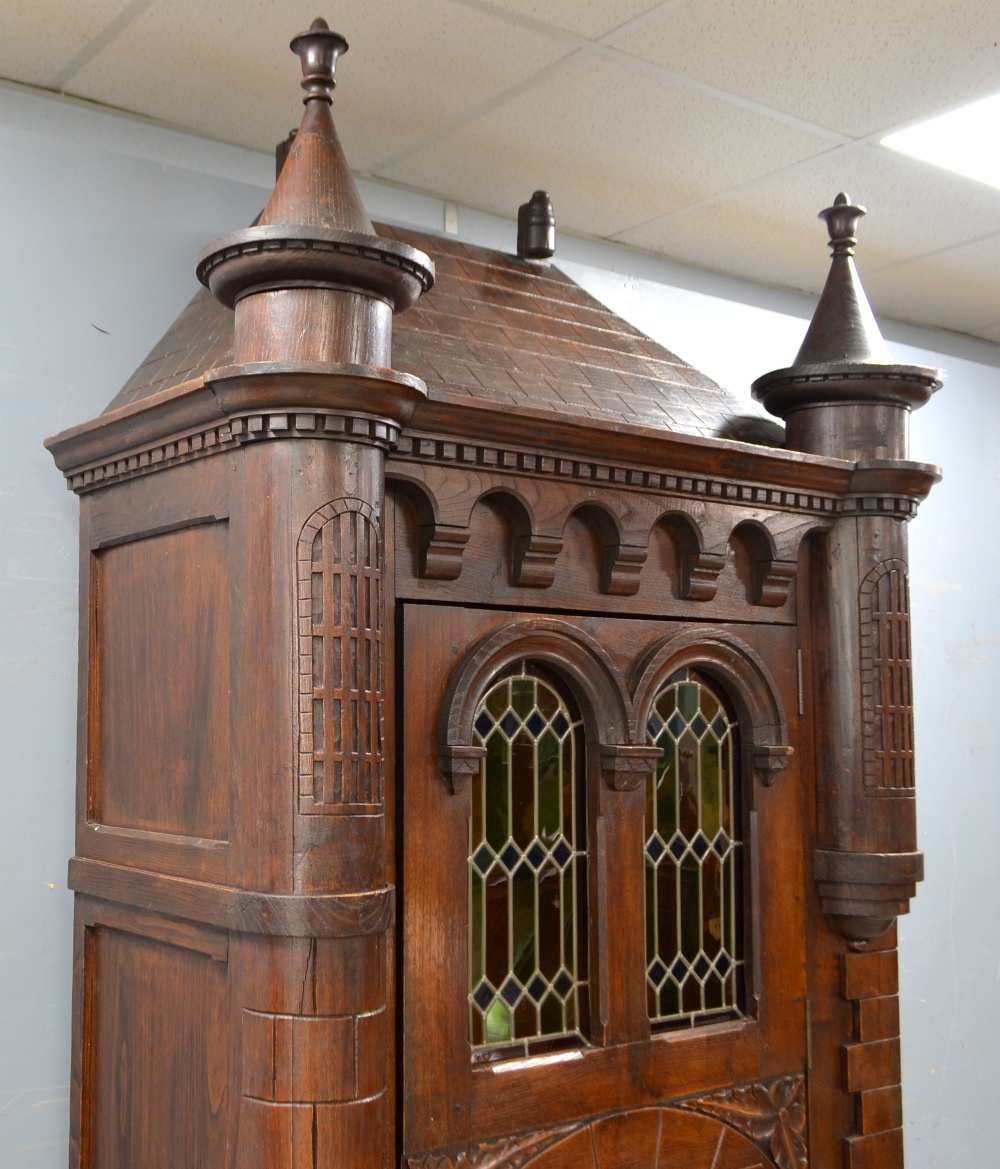 German oak single door cabinet with pitched top and turrets, arched windows with stained glass, - Image 3 of 3