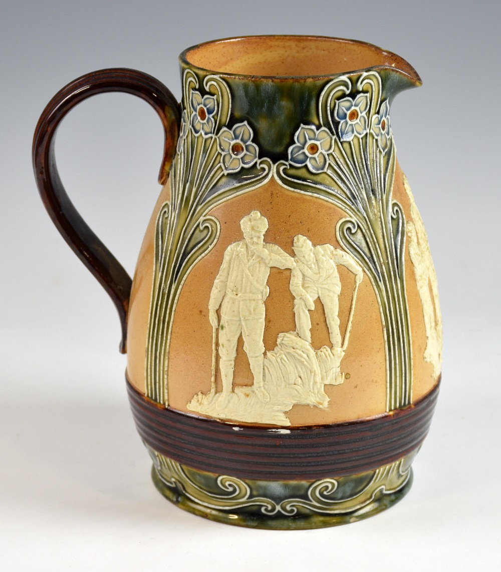 A Royal Doulton glazed stonewear jug, with three panels depicting golfers, bordered by stylised - Image 3 of 4