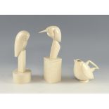 Anthony Theakston ceramic bird sculpture, barn owl on a pillar, 23 cm., a heron box, 25 cm, both