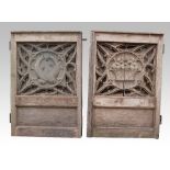 Two oak carved panels one depicting fish within a pierced, surround, similar with basket of fruit,