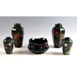 A pair of Decoro pottery hexagonal panelled vases, 22cm high, a matching bowl, 18cm dia, and two