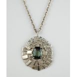 1970's silver pendant, centrally set with rectangular cut green synthetic spinel, hallmarked