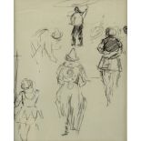 20th century, English School, clown and other circus performers, black wax crayon, unsigned, 25cm