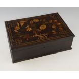 Early 20th century inlaid wooden sewing box, the cover with floral and geometric design and