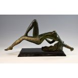 Bronze figure of a water nymph, green patinated finish with gilt highlights, on marble plinth 63cm