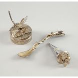 Amanda Birkett silversmith, a silver box with dragonfly and water lily, a silver spoon with a newt