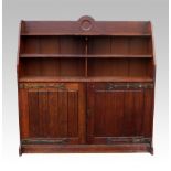 Late 19th C Oak bookcase cabinet, with brass strap hinges, 155 x 155 x 30cm . Stains, water marks