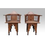 Four early 20th C 'Moorish' style chairs, intricate parquetry with various woods mother of pearl and