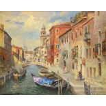 20th century, Russian School, Venetian canal scene, signed indistinctly, inscribed verso, oil on