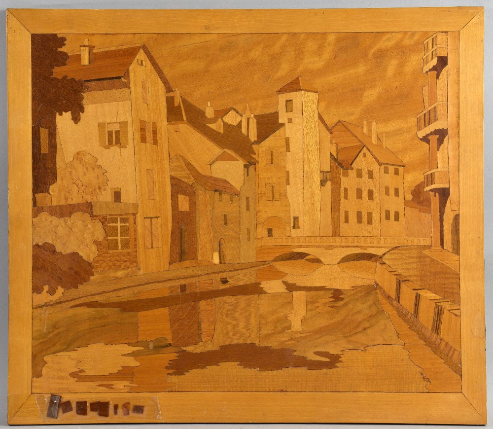 Parquetry continental scene of town houses along a river and a bridge, 43 x 50 cm . - Image 2 of 3