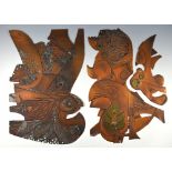 Three copper plaques incorporating clock parts, the largest 61cm x 40cm.