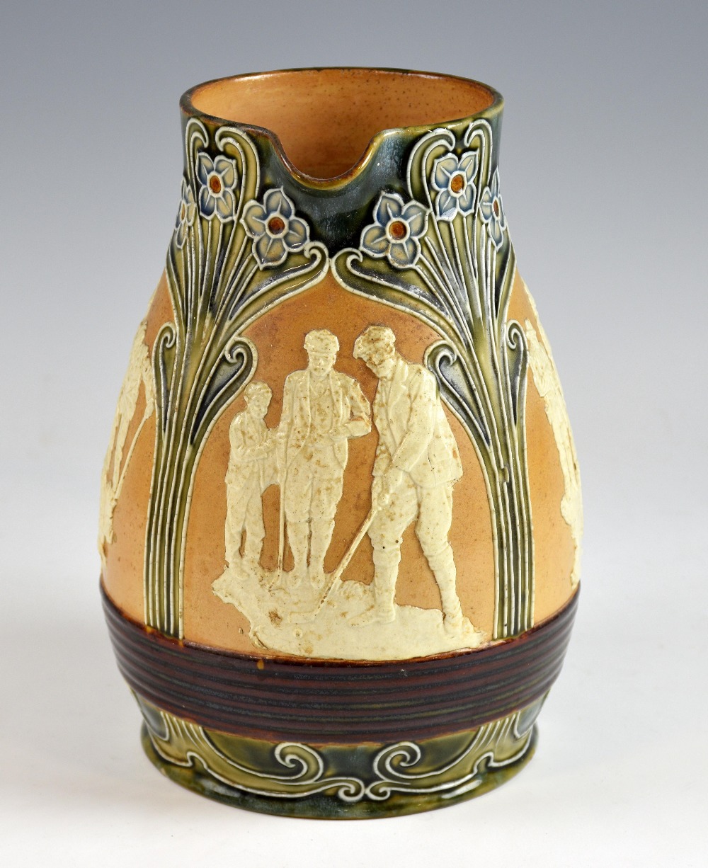 A Royal Doulton glazed stonewear jug, with three panels depicting golfers, bordered by stylised