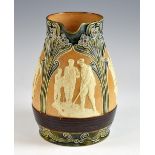 A Royal Doulton glazed stonewear jug, with three panels depicting golfers, bordered by stylised