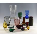 A collection of mid 20th C glass vases and bowls, including a smoked glass bowl by Per Lutken for