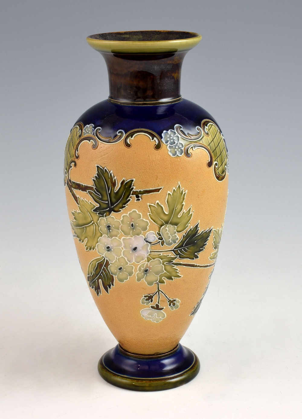 Doulton stoneware vase, with leaf and flower design on beige ground, 30.5 cm high, together with a - Image 4 of 5